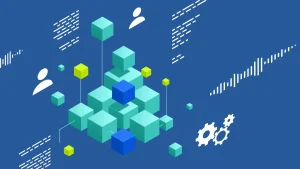 Ізометрична 3D-ілюстрація зі структурованими блакитними кубами, іконками користувачів та шестернями, що символізує архітектуру та взаємозв'язки у сфері Big Data.