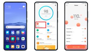 Покрокова візуальна інструкція на трьох екранах смартфона, що демонструє процес переходу до розділу безпеки та використання функції очищення кешу й залишкових файлів
