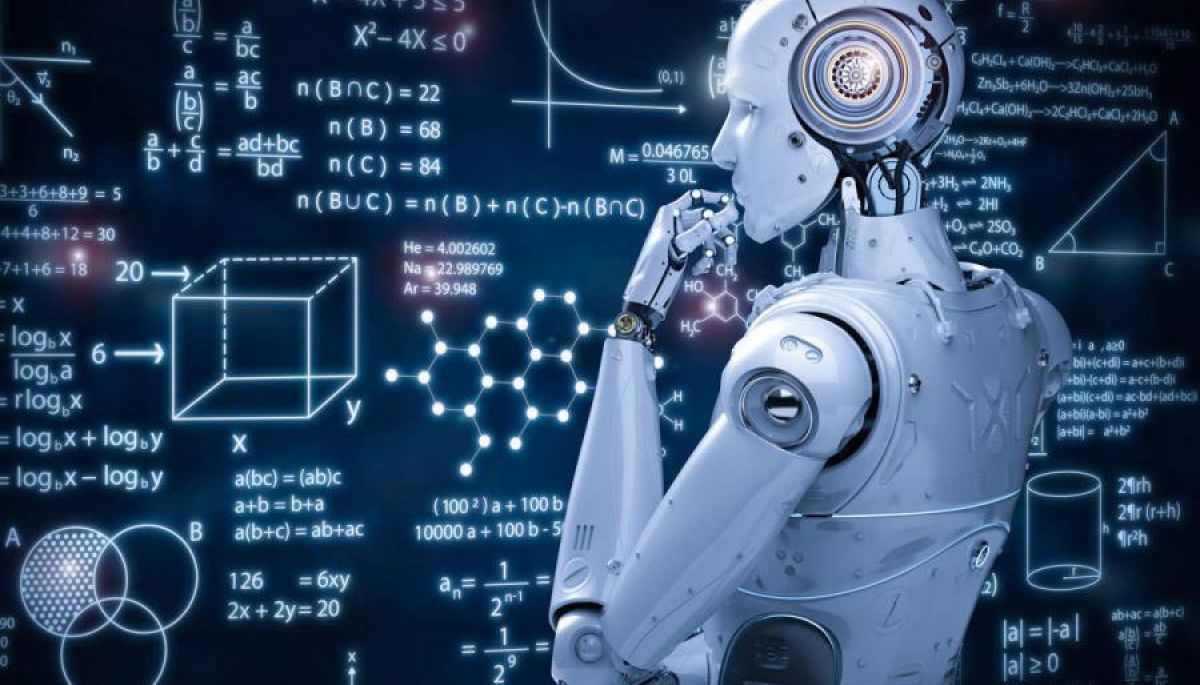 AI та аналіз даних – робот аналізує математичні формули та алгоритми, штучний інтелект у науці та обчисленнях
